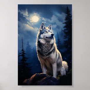 Siberian Husky on a moonlit night Poster