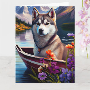 Siberian Husky on a Paddle: A Scenic Adventure Card