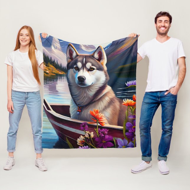 Siberian Husky on a Paddle: A Scenic Adventure Fleece Blanket (In Situ)