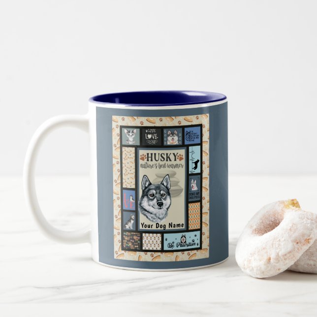 Siberian Husky Owner Lover Funny Keepsake Quilt  Two-Tone Coffee Mug (With Donut)