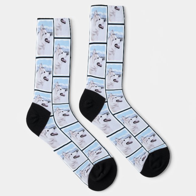 Siberian Husky Painting Silver and White Dog Art Socks (Right)