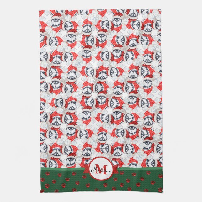 Siberian Husky Pattern Monogram Christmas Dog Kitchen Towel (Vertical)