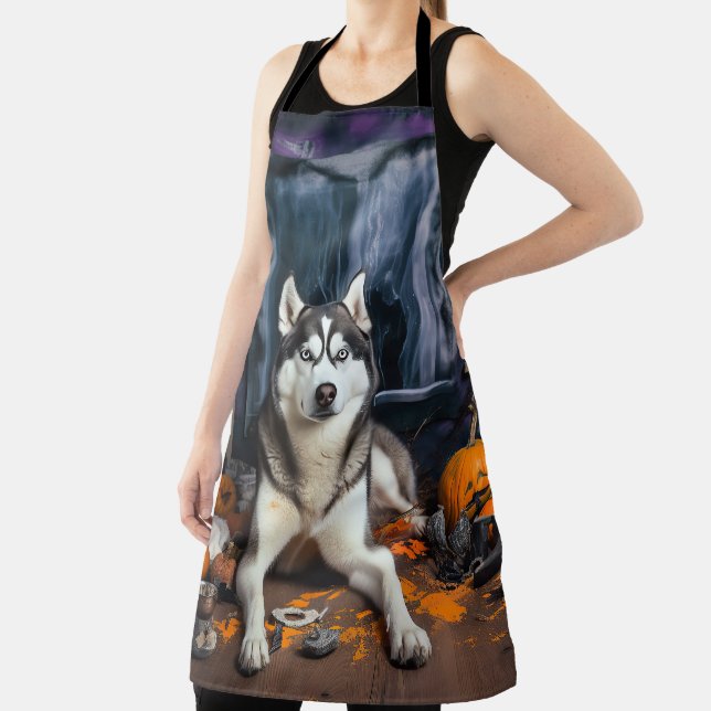 Siberian Husky Pumpkins Halloween Scary Apron (Insitu)