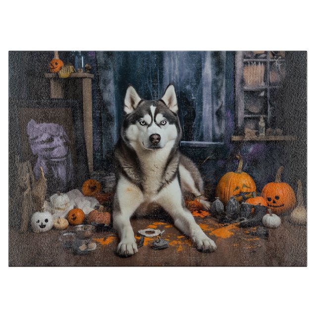 Siberian Husky Pumpkins Halloween Scary Cutting Board (Front)