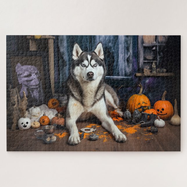 Siberian Husky Pumpkins Halloween Scary Jigsaw Puzzle (Horizontal)