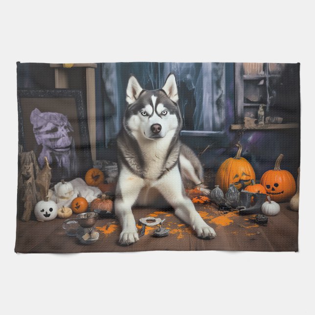 Siberian Husky Pumpkins Halloween Scary Kitchen Towel (Horizontal)