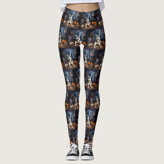 Siberian Husky Pumpkins Halloween Scary Leggings (Front)