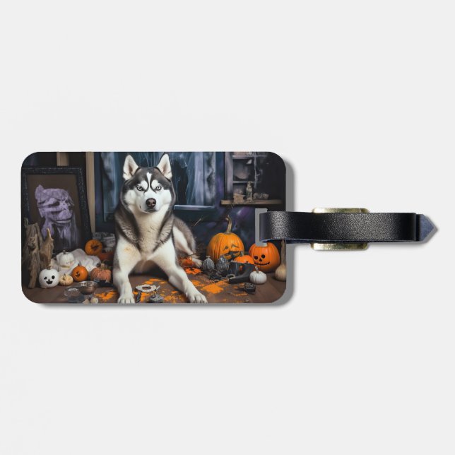 Siberian Husky Pumpkins Halloween Scary Luggage Tag (Back Horizontal)