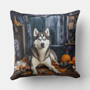 Siberian Husky Pumpkins Halloween Scary Throw Pillow