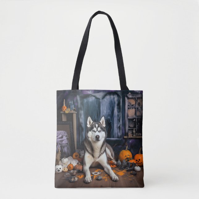 Siberian Husky Pumpkins Halloween Scary Tote Bag (Front)