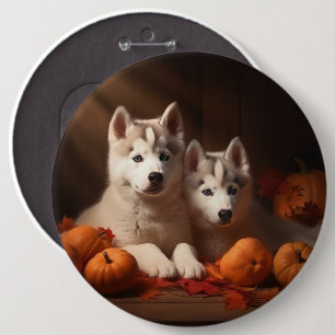 Siberian Husky Puppy Autumn Delight Pumpkin  6 Inch Round Button