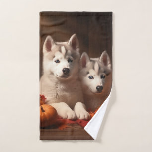 Siberian Husky Puppy Autumn Delight Pumpkin  Bath Towel Set