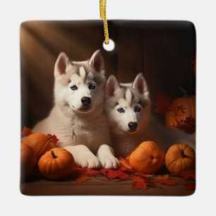 Siberian Husky Puppy Autumn Delight Pumpkin  Ceramic Ornament