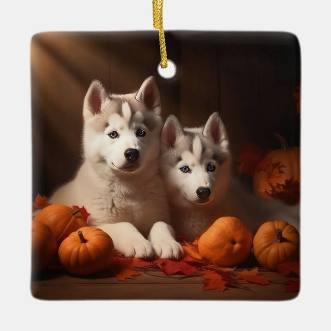 Siberian Husky Puppy Autumn Delight Pumpkin  Ceramic Ornament (Front)