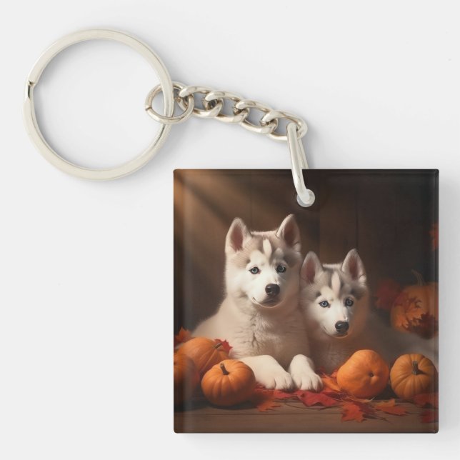 Siberian Husky Puppy Autumn Delight Pumpkin  Keychain (Front)