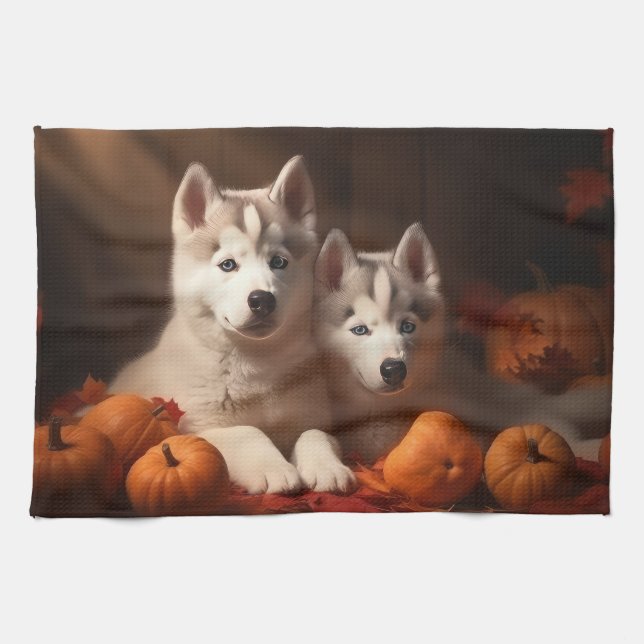 Siberian Husky Puppy Autumn Delight Pumpkin  Kitchen Towel (Horizontal)