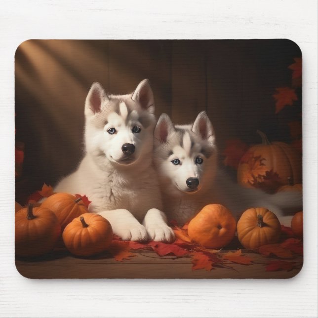 Siberian Husky Puppy Autumn Delight Pumpkin  Mouse Pad (Front)