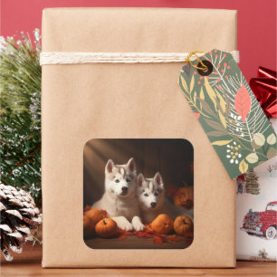 Siberian Husky Puppy Autumn Delight Pumpkin  Square Sticker