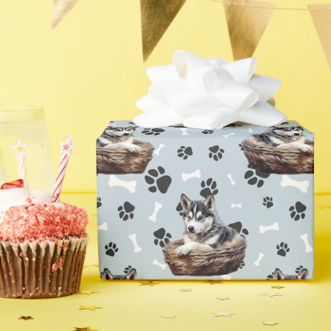 Siberian Husky Puppy in Basket Paw Print  Wrapping Paper (Birthday Party)