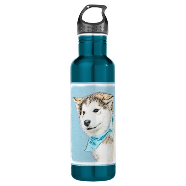Siberian Husky Puppy Painting - Original Dog Art 710 Ml Water Bottle (Front)