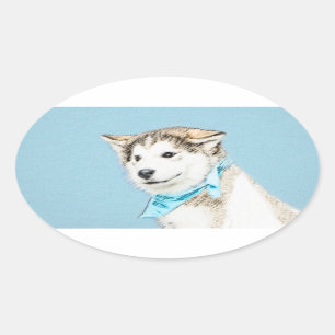 Siberian Husky Puppy Painting - Original Dog Art Oval Sticker