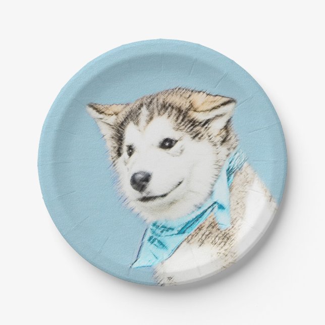 Siberian Husky Puppy Painting - Original Dog Art Paper Plate (Front)