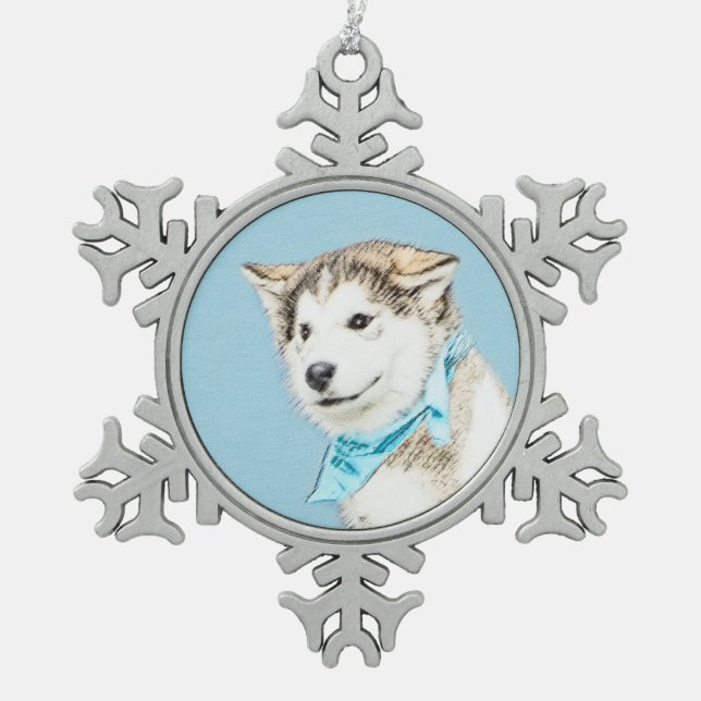 Siberian Husky Puppy Painting - Original Dog Art Snowflake Pewter Christmas Ornament (Front)
