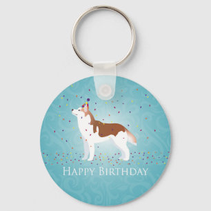 Siberian Husky - Red - Happy Birthday Design Keychain