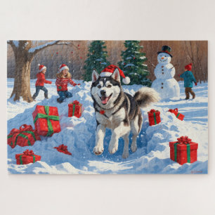Siberian Husky Running in Snow with Christmas Hat Jigsaw Puzzle
