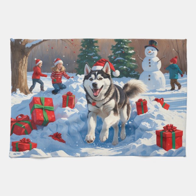 Siberian Husky Running in Snow with Christmas Hat Kitchen Towel (Horizontal)