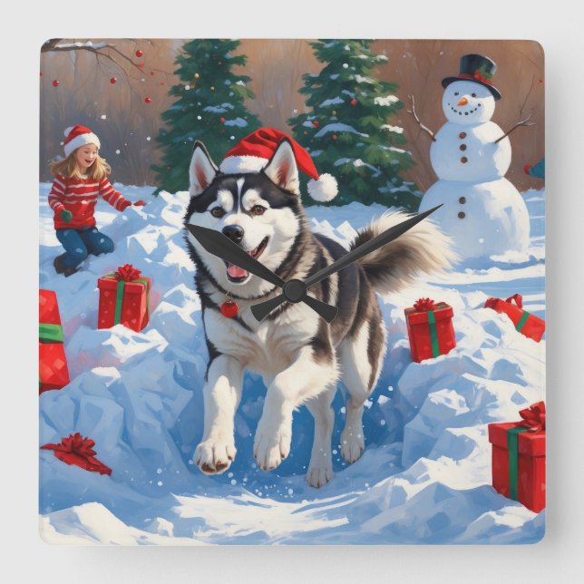 Siberian Husky Running in Snow with Christmas Hat Square Wall Clock (Front)