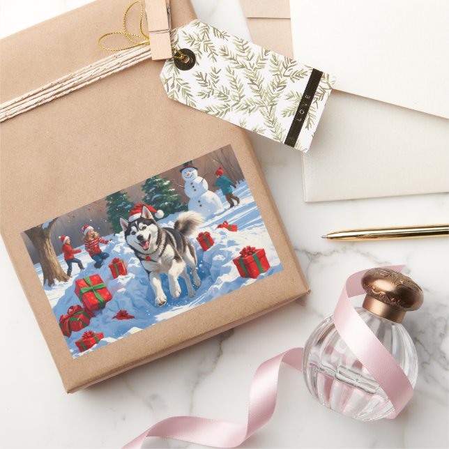 Siberian Husky Running in Snow with Christmas Hat Sticker (Gifting)