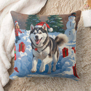 Siberian Husky Running in Snow with Christmas Hat Throw Pillow