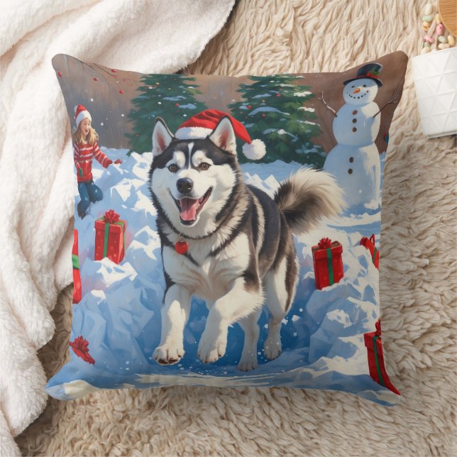 Siberian Husky Running in Snow with Christmas Hat Throw Pillow (Blanket)