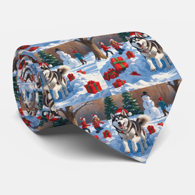 Siberian Husky Running in Snow with Christmas Hat Tie (Rolled)