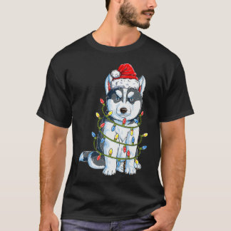 Siberian Husky Santa Christmas Tree Lights Xmas Bo T-Shirt