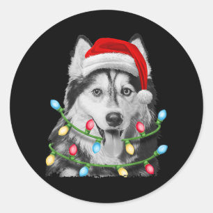 Siberian Husky Santa Christmas Tree Lights Xmas Classic Round Sticker