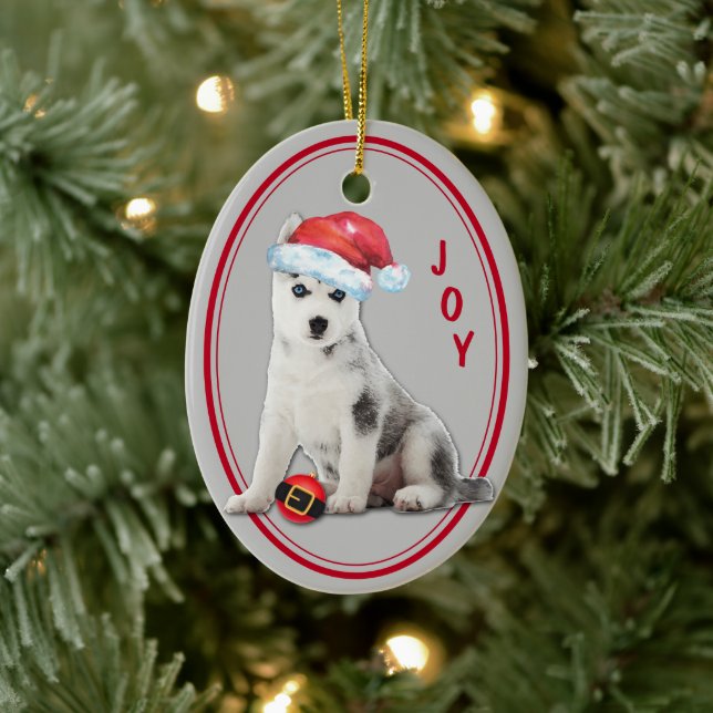 Siberian Husky Santa Hat Christmas Ornament (Tree)