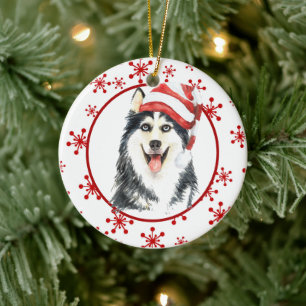 Siberian Husky Santa Hat Red Snowflake Ceramic Ornament