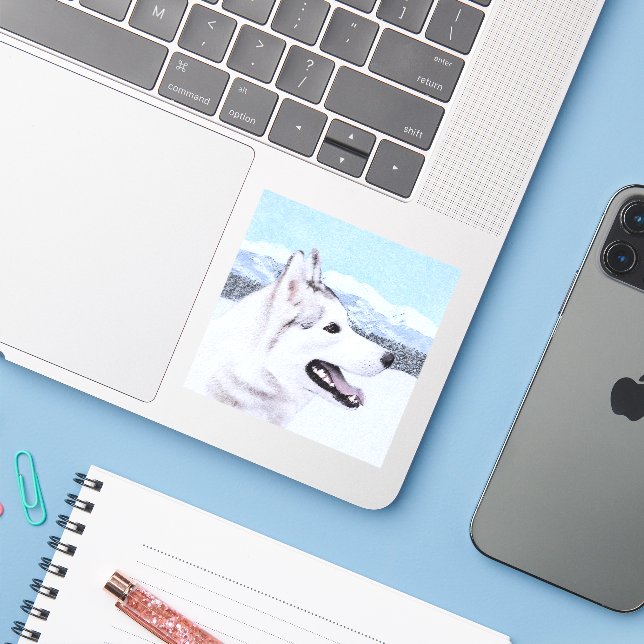 Siberian Husky (Silver and White) Painting Dog Art (Laptop w/ iPhone)