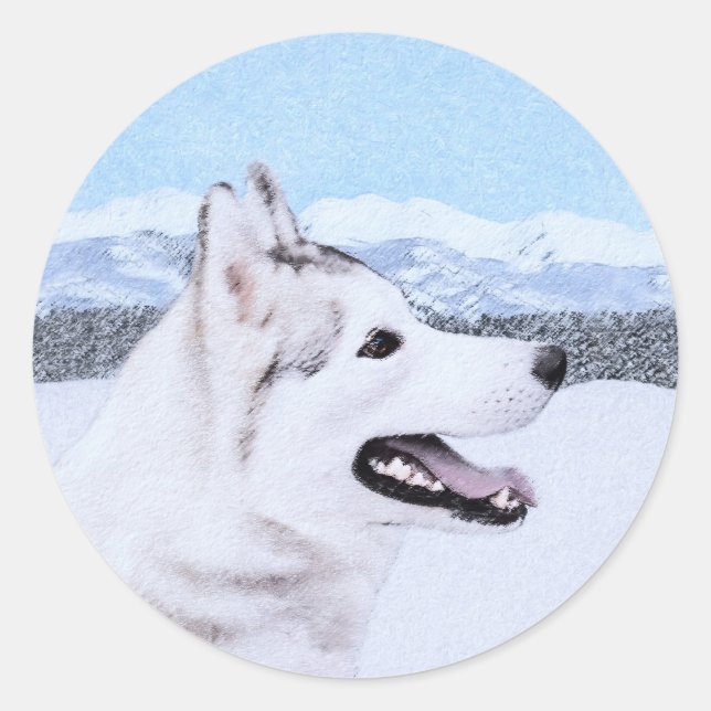 Siberian Husky (Silver and White) Painting Dog Art Classic Round Sticker (Front)