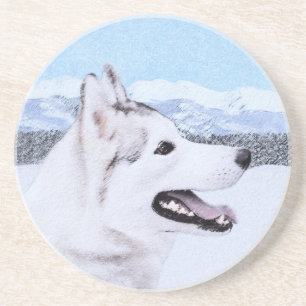 Siberian Husky (Silver and White) Painting Dog Art Coaster