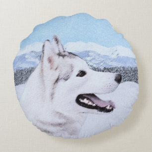 Siberian Husky (Silver and White) Painting Dog Art Round Pillow