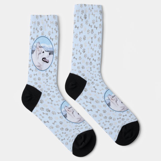 Siberian Husky (Silver and White) Painting Dog Art Socks (Right)