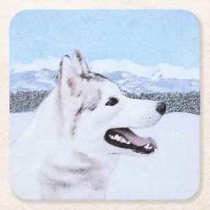 Siberian Husky (Silver and White) Painting Dog Art Square Paper Coaster