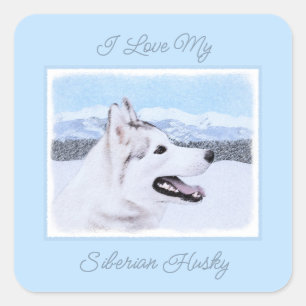 Siberian Husky (Silver and White) Painting Dog Art Square Sticker