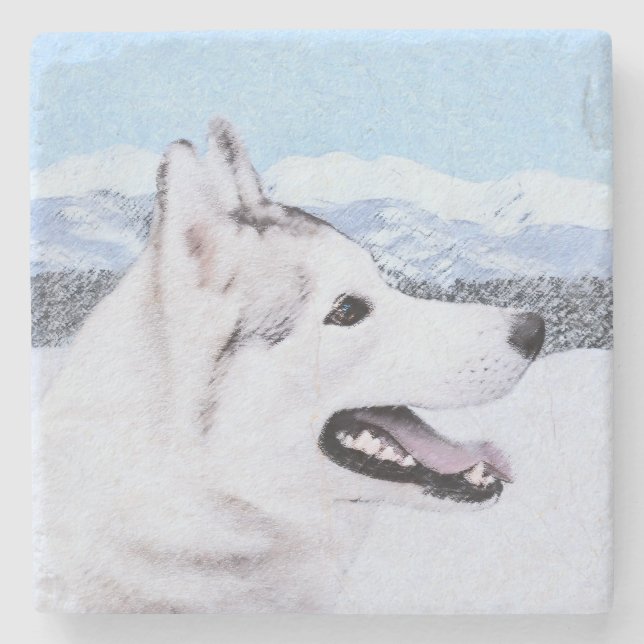 Siberian Husky (Silver and White) Painting Dog Art Stone Coaster (Front)