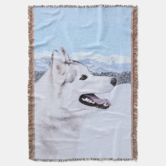Siberian Husky (Silver and White) Painting Dog Art Throw Blanket (Front Vertical)