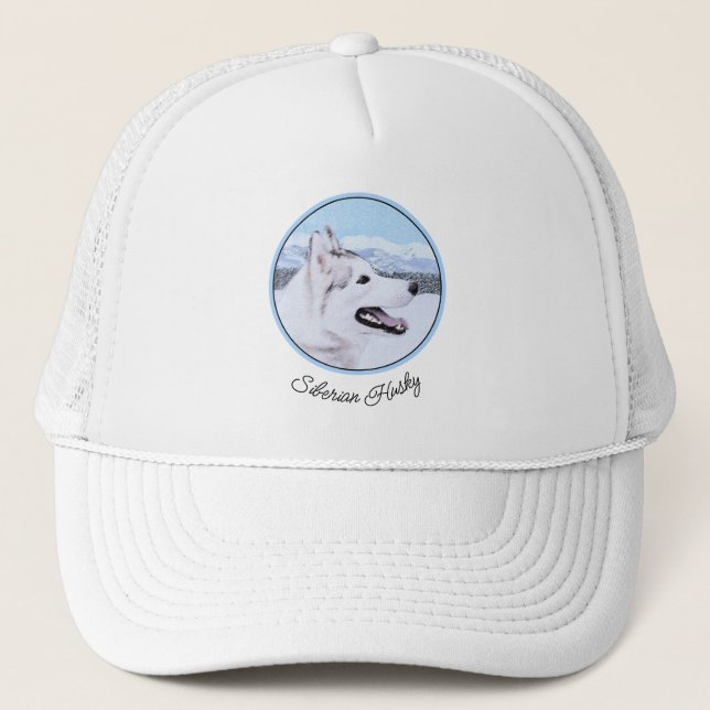 Siberian Husky (Silver and White) Painting Dog Art Trucker Hat (Front)