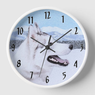 Siberian Husky (Silver and White) Painting Dog Art Wall Clock